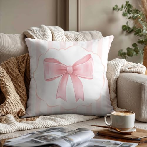 Coquette Pink Bow Pillow Covers 18x18, Coquette Room Decor, Blush Pink Striped - Image 3