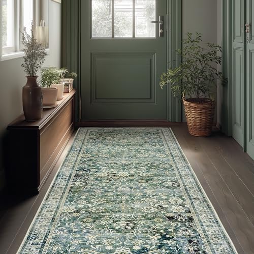 Green and Navy Washable Rug Runners 2x6 Vintage Floral Rugs by BILEEHOME
