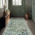 Green and Navy Washable Rug Runners 2x6 Vintage Floral Rugs by BILEEHOME