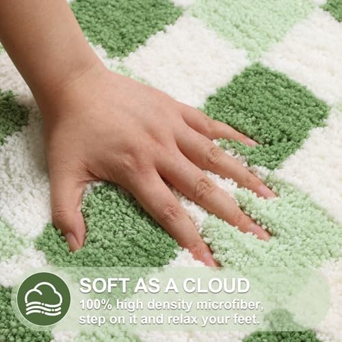 ORTIGIA Cute Green Checkered Scalloped Bath Mat, Fun Plush Microfiber Bathroom - Image 4