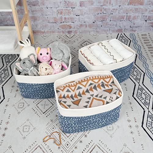 XUANGUO Woven Cotton Rope Storage Baskets 15x10x9.3" 3 Pack White and Blue - Image 5