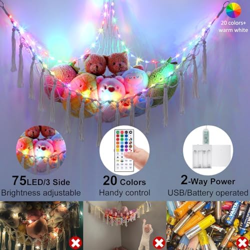 Stuffed Animal Hammock 75LEDs, 20 Colors Warm White 55in Extra Large Storage - Image 3