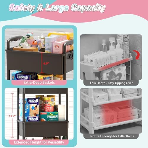 SUNALLY Baby Diaper Caddy Cart, 3 Tier Rolling Diaper Cart - Image 3