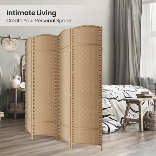 4 Panel Folding Room Divider, Woven Privacy Screen, Light Beige - Image 4