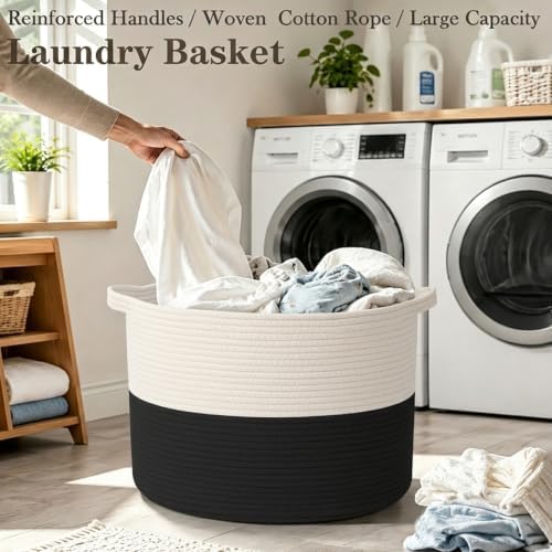 65L Large Blanket Basket, Woven Rope Laundry Basket-White&Black - Image 5