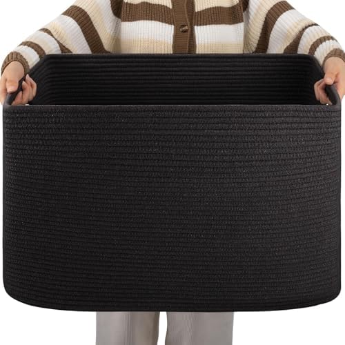 OIAHOMY 96L XXXLarge Blanket Basket Woven Cotton Rope Storage Basket Black by MasterofSpaceOptimization