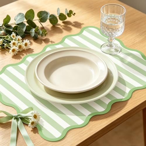 JarThenaAMCS 60 Pcs Light Green Striped Paper Placemats Scalloped Edge Table - Image 4