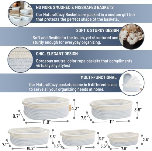 NaturalCozy 5-Piece Rectangle Storage Basket Set- Natural Cotton Rope Woven - Image 2