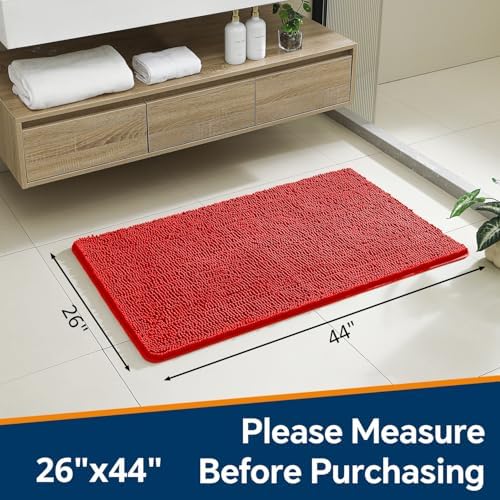 Chenille Bathroom Rug 26"x44" Red, Non-Slip Plush Bath Mat - Image 2