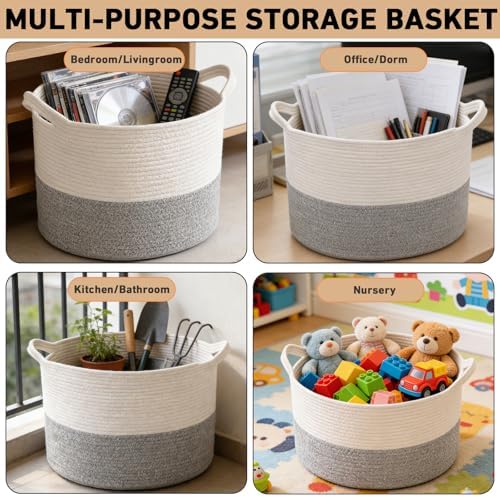 65L Large Blanket Basket, Woven Rope Laundry Basket-White&Grey - Image 6