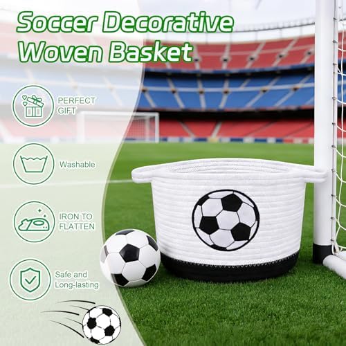 Soccer Woven Basket- Small Cotton Rope Gift Basket Embroidered Football - Image 3