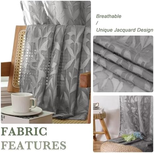 Lecloud Leia Jacquard Leaf Charcoal Grey Sheer Curtains - Image 3
