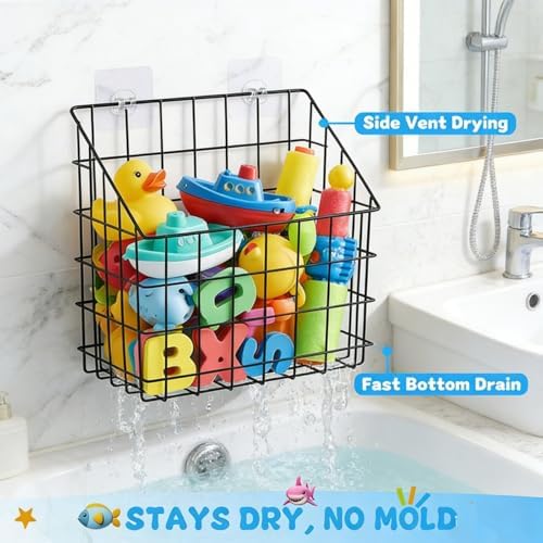 Noamus 2 Pack Bath Tub Toy Storage Organizer Basket, Rustproof Black Iron Holder - Image 3
