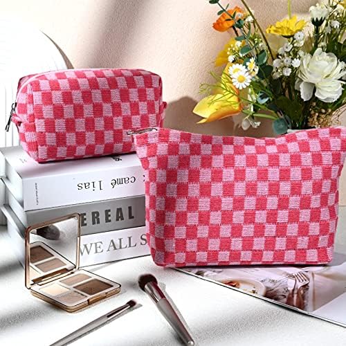 SOIDRAM 2 Pieces Makeup Bag Large Checkered Cosmetic Bag Capacity Canvas Mix - Image 2
