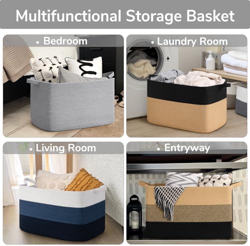 Goodpick 85L Large Woven Blanket Basket 23.6" x 15.7" x 13.8" Cotton Rope - Image 4