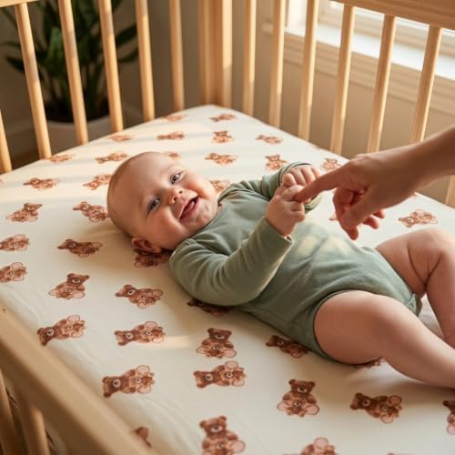 4 Pack Bear Baby Sheets Neutral Unisex Fitted Checked Nursery Baby Sheet Set - Image 3