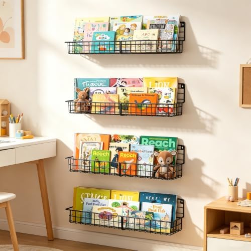 X-cosrack 24 Inch Wall Mounted Kids Bookshelf, Floating Metal Book Shelves - Image 5