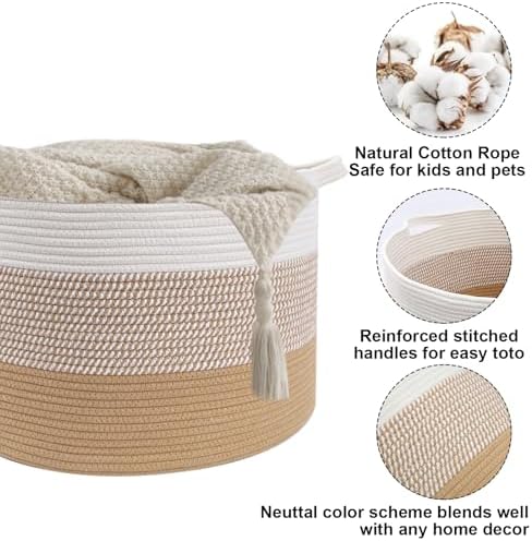 65L Large Blanket Basket, Cotton Rope Woven Laundry Basket-Yellow - Image 3