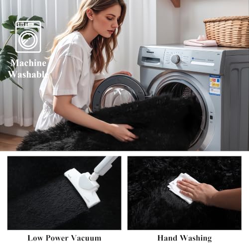Black Fluffy Shag Runner Rug, Machine Washable Non Slip Plush Carpet - Image 6