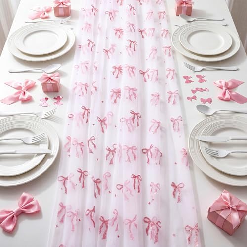 4 Pcs Pink Bow Table Runner 29x70 White Tulle Lace - Image 4