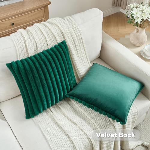FUTEI Pack of 2 Faux Fur Throw Pillow Covers 28x28 Inch, Emerald Green - Image 4