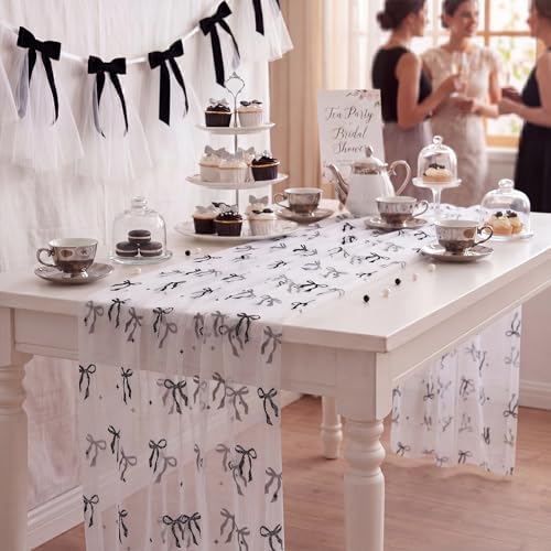 4 Pcs White Tulle Table Runner Black Bow, 29 X 70 Inch Lace - Image 6