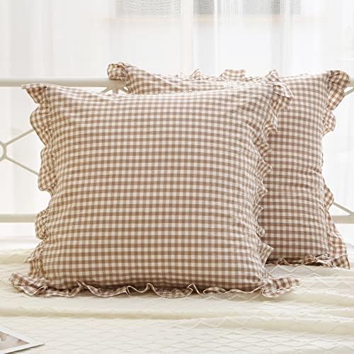 2 Pack Taupe White Gingham Ruffle Throw Pillow Covers 22''x22'' - Image 7