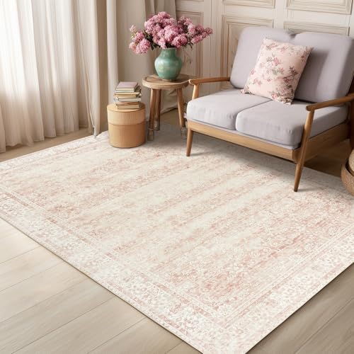 Vintage Pink Rug 4x6 Washable Non Slip Floral Front Door Rugs by BILEEHOME