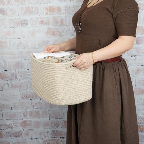 XUANGUO Woven Cotton Rope Storage Baskets 15x10x9.3" 3 Pack Oatmeal - Image 2
