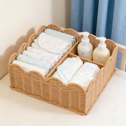Rattan Divided Scalloped Basket, Wicker Diaper Caddy Scalloped Baske, Woven by Unknown