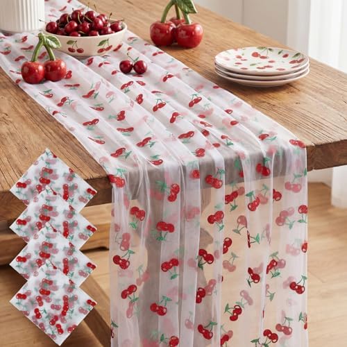 4 Pcs Cherry Table Runners 29 X 70 Inch Glitter Tulle Lace by Windkream