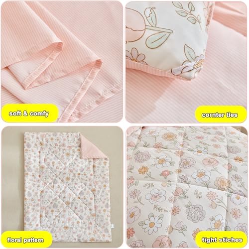 DuShow Floral 4 Piece Girls Toddler Bed Comforter Set Pink Flower Reversible - Image 6