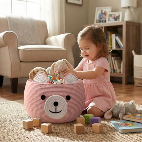 CherryNow Large Baby Basket for Gifts Empty, Cute Bear Design, Brght Pink - Image 2
