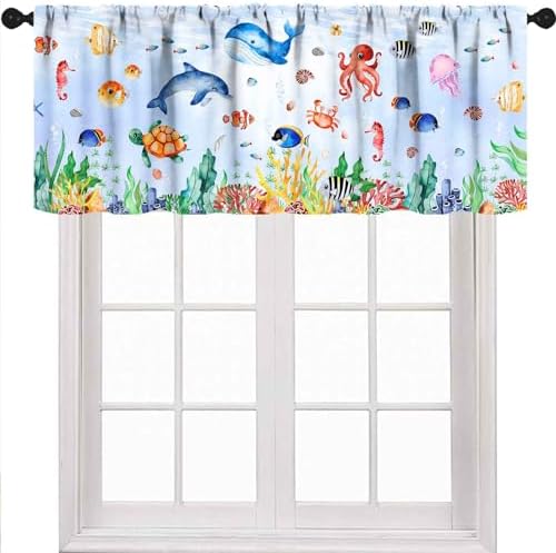Whale Window Valance for Kids Room, Cartoon Cute Ocean Fish Shark Underwater by Unknown