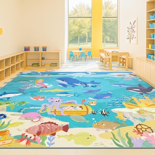 Large Blue Ocean Rug for Classroom – Washable 9x12 Kids Rug by HazoHaus