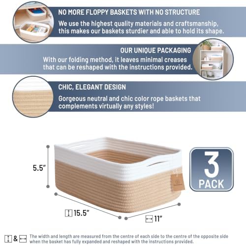 Woven Rope Baskets for Organizing, 3 Pack, 15.5 x 11 x 5.5" Storage Bins - Image 2