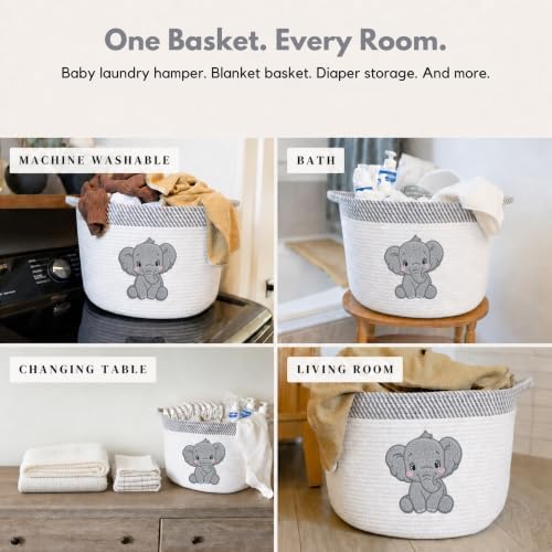 Elephant Baby Storage Basket, Woven Cotton Rope Nursery Bin, 15x11 in - Image 2