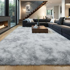 Grey Fluffy 8x10 Area Rug, Tie-Dye Light Gray Soft Washable Shag Carpet by KICHOWUA
