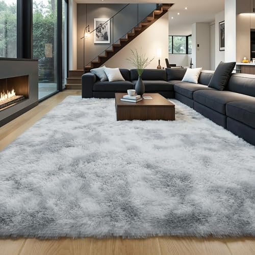 KICHOWUA Grey Tie-Dye Light Gray Fluffy 9x12 Rug Bedroom Living Room Shag by KICHOWUA