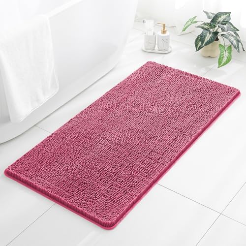 Chenille Bathroom Rug 26"x44" Hot Pink, Non-Slip Plush Bath Mat by Kildoss