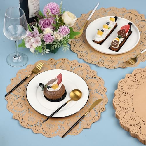 MCEAST 100 Pack Round Brown Kraft Paper Doilies 13.5 Inches Lace Paper Place - Image 5
