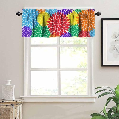 Rainbow Dahlia Flower Valance Curtain, Abstract Colorful Red Purple Green Blue - Image 2