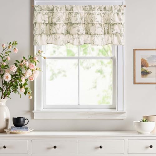 jinchan Ruffled Floral Valance Curtain 18 Inch 1 Panel Green on Beige - Image 3