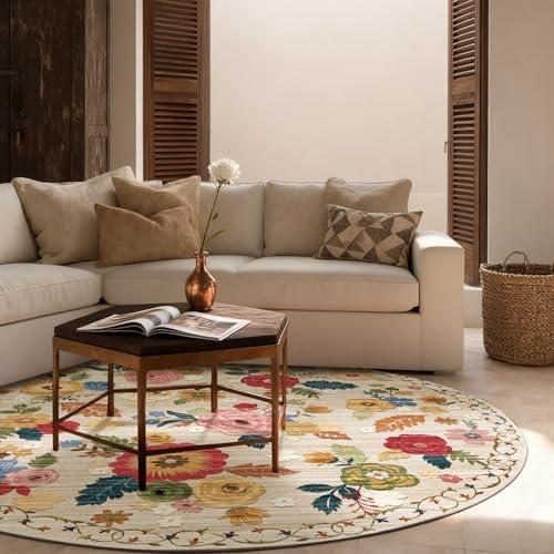4ft Washable Round Rugs for Bedroom: Circle Living Room Rug Floral Vintage Non - Image 3