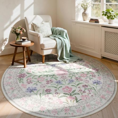 Lahome Purple 6ft Round Dorm Rug, Floral Circle Rug by Lahome