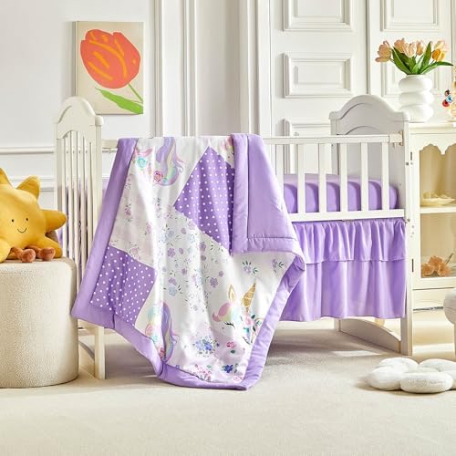 Patchwork Crib Bedding Set Unicorn Plaid Floral Design 3 Pieces Baby Girl Cute - Image 5