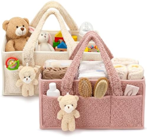 Shinylin 2 Pack Plush Diaper Caddy Organizer, Powder Pink and Ivory by Shinylin