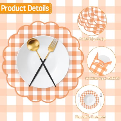 50 Pcs Fall Paper Placemats, 13.5 Inch Orange Gingham Paper Placemats Fall - Image 2