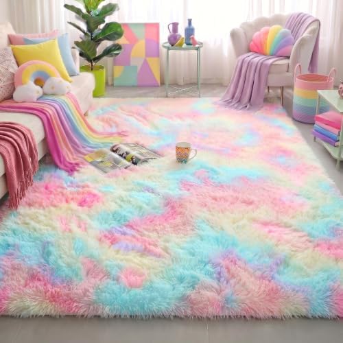 Amdrebio Rainbow Unicorn Pastel Shag Area Rug 5x7 by Amdrebio