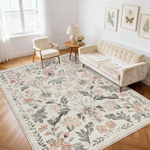 6x9 Area Rugs Boho Floral Washable Living Room Rug Neutral Carpet Nursery by Yidanamy